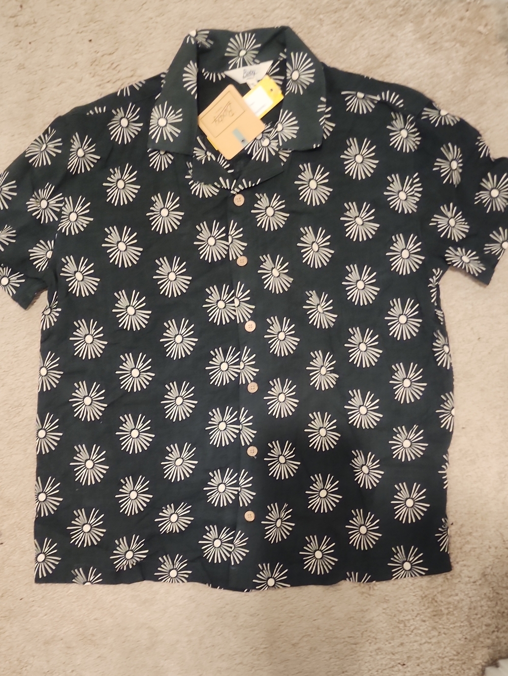 NWT Bixby Nomad Boys Dark Grey Button-Up Shirt with White Sunburst Print Sz XL